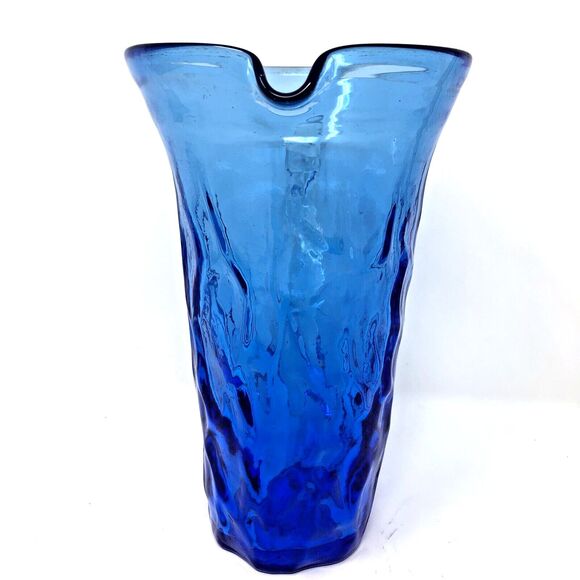 Studio Art Glass Pitcher Hand Blown Textured Ombre Blue Clear Handle 7" Tall - Picture 4 of 12